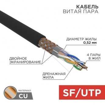 Кабель витая пара REXANT CAT 5e, OUTDOOR, SOLID, черный, 305 м