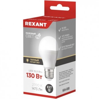 Лампа светодиодная REXANT ГРУША A60 15,5Вт E27 1473Лм 2700K теплый свет Лампа светодиодная REXANT ГРУША A60 15,5Вт E27 1473Лм 2700K теплый свет